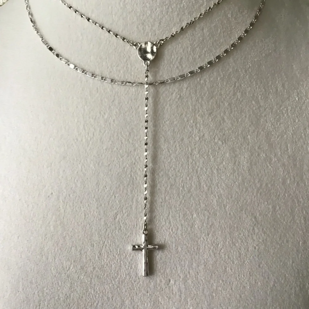 Cross Necklace Delicate 3-Chain Silver-Tone Waterfall Rosary Style Boho Feminine